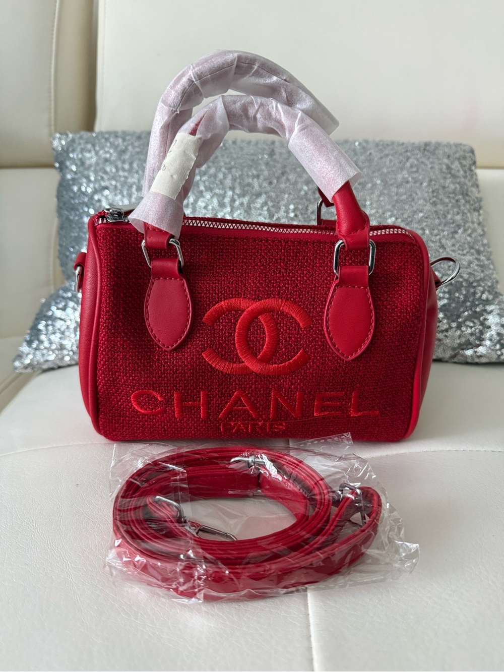 Designer inspired Ch@nel Red Mini Top-Handle Bowling Bag - Picture 5 of 5